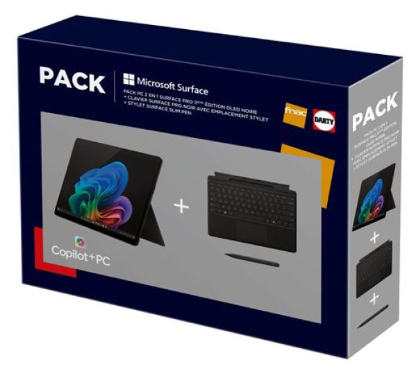 Pack PC 2 en 1 Microsoft Surface Pro 11ème Edition 13" Copilot+ PC Ecran tactile Qualcomm Snapdragon® X Elite 16 Go RAM 512 Go SSD Noir + Clavier Surface Pro Noir avec emplacement stylet + Stylet Surface Slim Pen