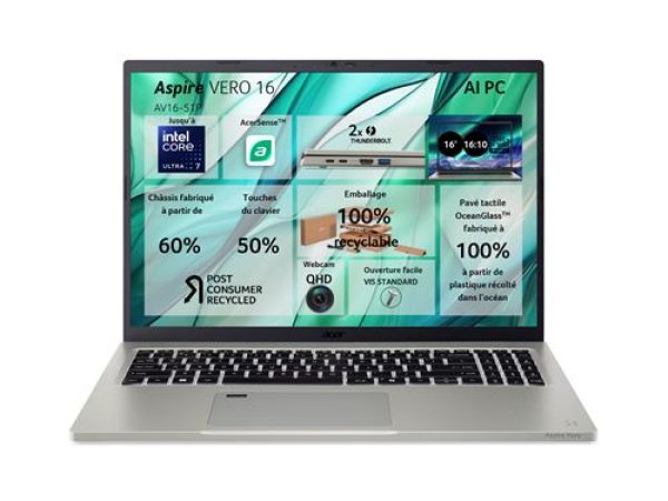 PC Portable Acer Aspire Vero 16 AV16-51P-503Z 16" Intel® Core™ Ultra 5 16 Go RAM 512 Go SSD Gris