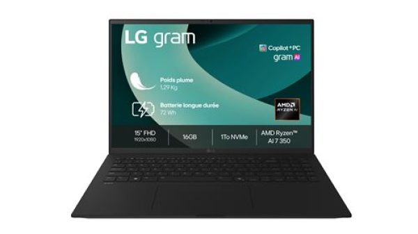 PC portable LG Gram 15 15Z80T-G.AU78F 15" Copilot+ AMD Ryzen™ AI 7 16 Go RAM 1 To SSD Noir Obsidien