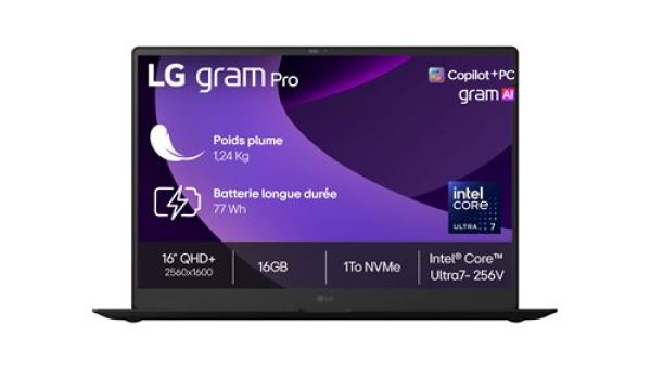 PC portable LG Gram 16 16Z90TS-G.AU79F 16" Copilot+ Intel® Core™ Ultra 7 16 Go RAM 1 To SSD Gris Métal