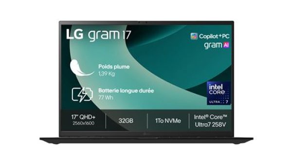 PC portable LG Gram 17 17Z90TL-G.AU88F 17" Copilot+ Intel® Core™ Ultra 7 32 Go RAM 1 To SSD Noir Obsidien